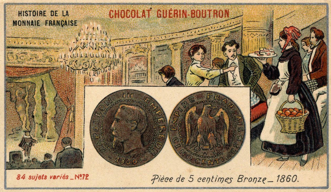 Serie Historia de la Moneda Francesa publicada por Chocolat Guérin Boutron. Cromolitografía del siglo XIX. Moneda de bronce de 5 centavos en 1860. Napoleón III de Unknown artist