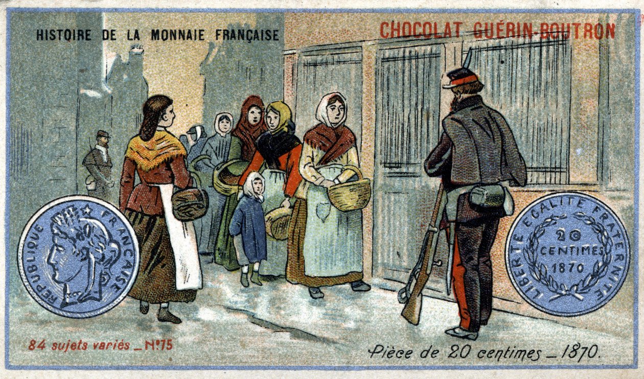 Serie Historia de la Moneda Francesa publicada por Chocolat Guérin Boutron. Cromolitografía del siglo XIX. Moneda de 20 centavos en 1870 de Unknown artist