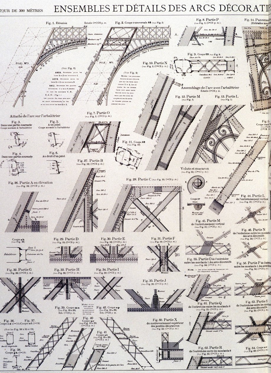 Conjuntos y detalles de los arcos decorativos de la Torre Eiffel - diseño industrial de Unknown artist