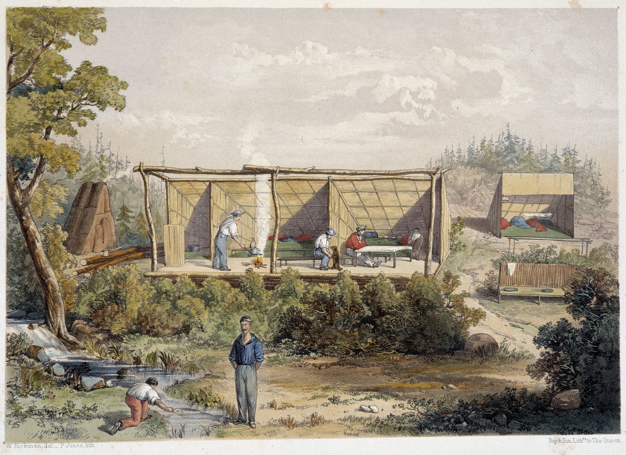 Campamento de colonos en Canadá - en “Sketches on the nipisaguit a river of New Brunswick in America” de William Hickman, ed. Halifax de Unknown artist