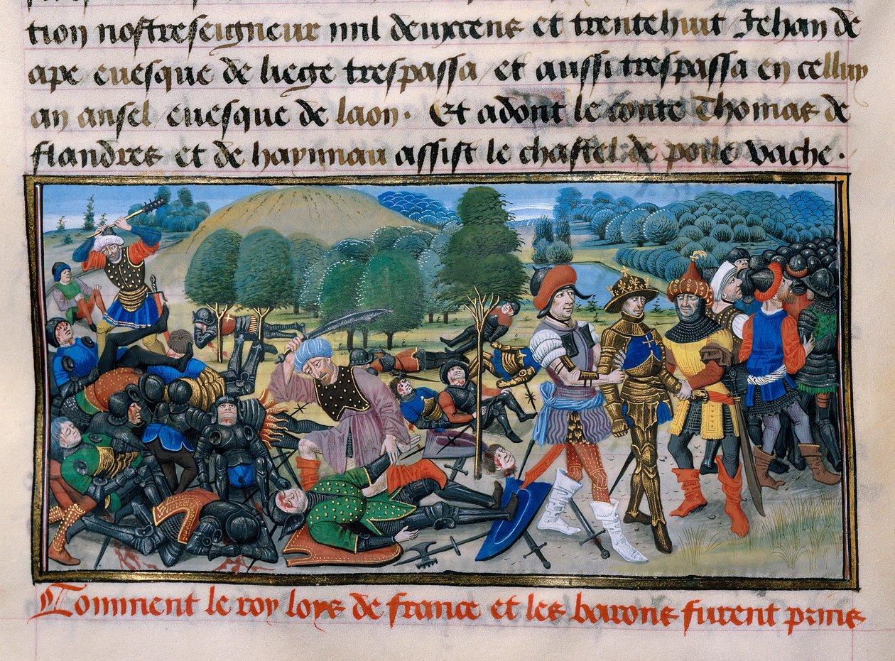 Séptima Cruzada: El rey Luis IX (San Luis) (1214-70) es capturado durante la Batalla de Mansourah en 1250 en Egipto, "Crónica abreviada" por David Aubert 1250 París de Unknown artist