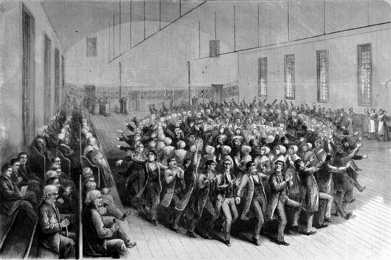 Procesión religiosa de los Shaking Quakers (danza) en Nueva York. Ilustración del siglo XIX de Unknown artist
