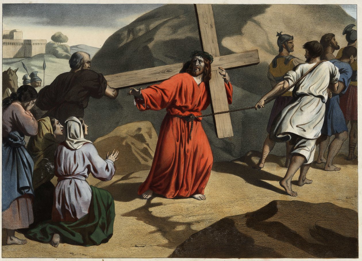 Ella subió al Calvario: Jesús cargando su cruz consuela a las hijas de Jerusalén. Grabado anónimo de mediados del siglo XIX. de Unknown artist