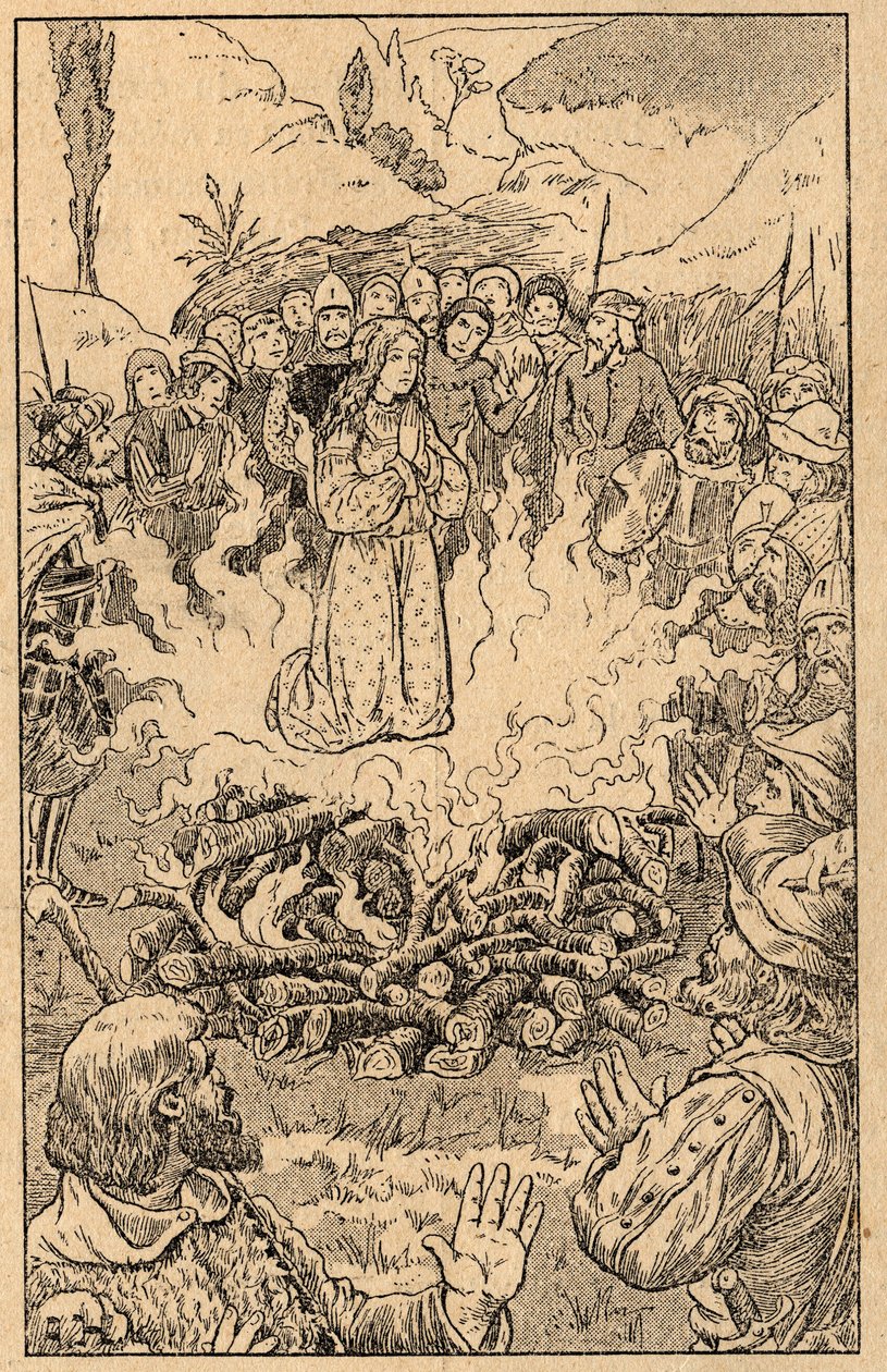 Ella permanece en medio de las llamas... Santa Rosa de Viterbo (Rosa da Viterbo) (1233-1252). Grabado de finales del siglo XIX. Colección privada de Unknown artist