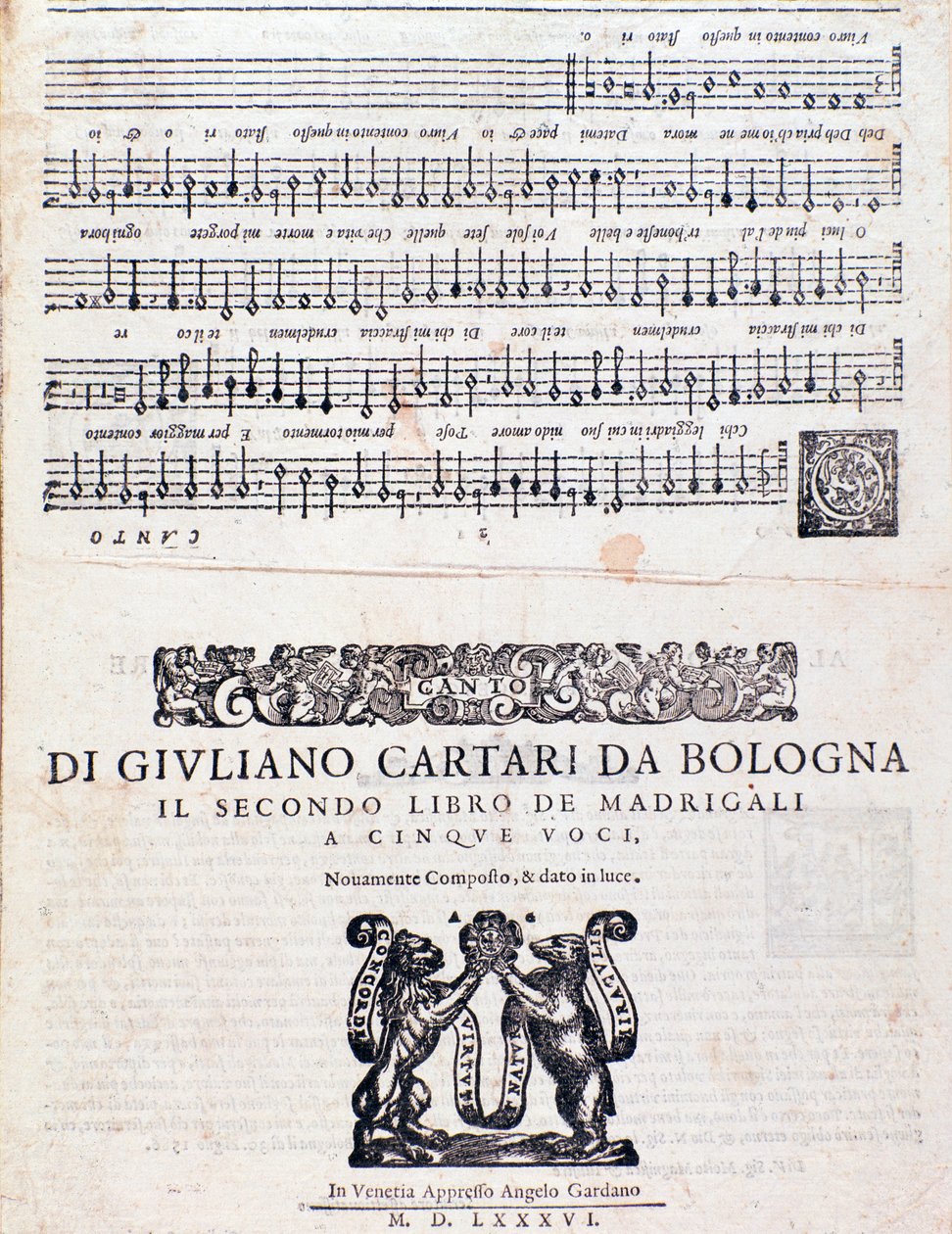 Página de partitura de los Madrigales (2º libro) de Giuliano Cartari de Bolonia de Unknown artist