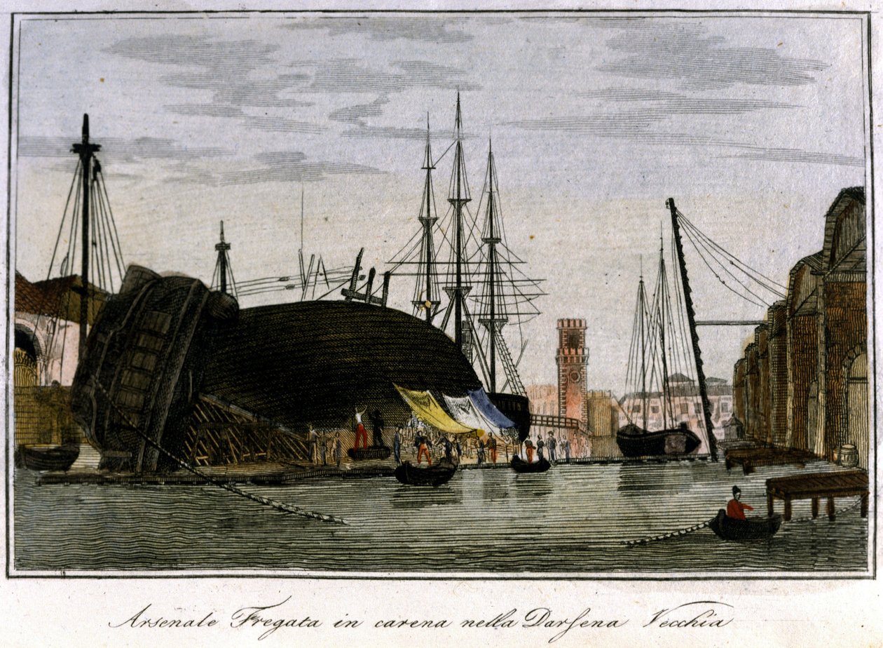 Barco con el casco dañado. Fragata veneciana cuyo casco está siendo reparado en el arsenal. Grabado del siglo XIX. de Unknown artist