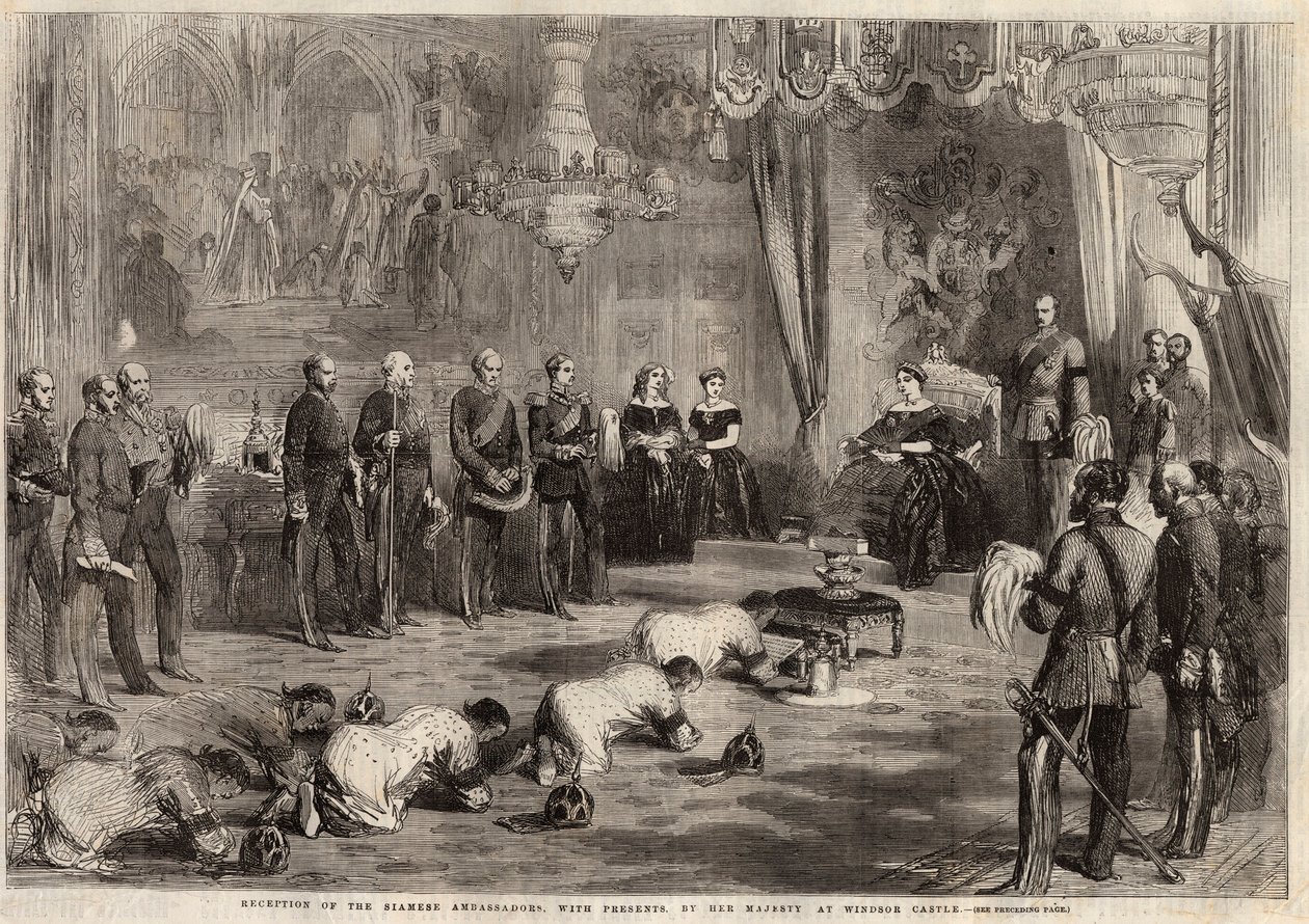 Embajadores de Siam arrastrándose ante la Reina Victoria I (1819-1901) y el Príncipe Alberto (1819-1861) durante su visita al Castillo de Windsor. Grabado en “The Illustrated London News” del 5 de diciembre de 1857. de Unknown artist