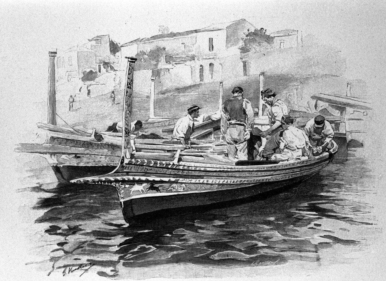 Pescadores sicilianos de la región de Lipari. Grabado del siglo XIX. de Unknown artist