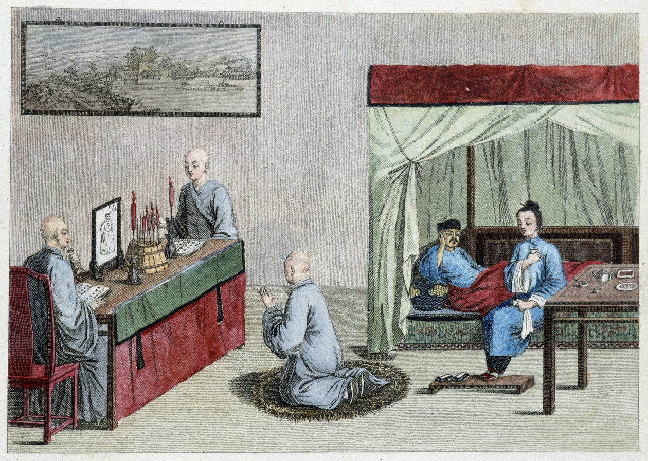 Hombre enfermo en la cama y oración de monjes - China de Unknown artist