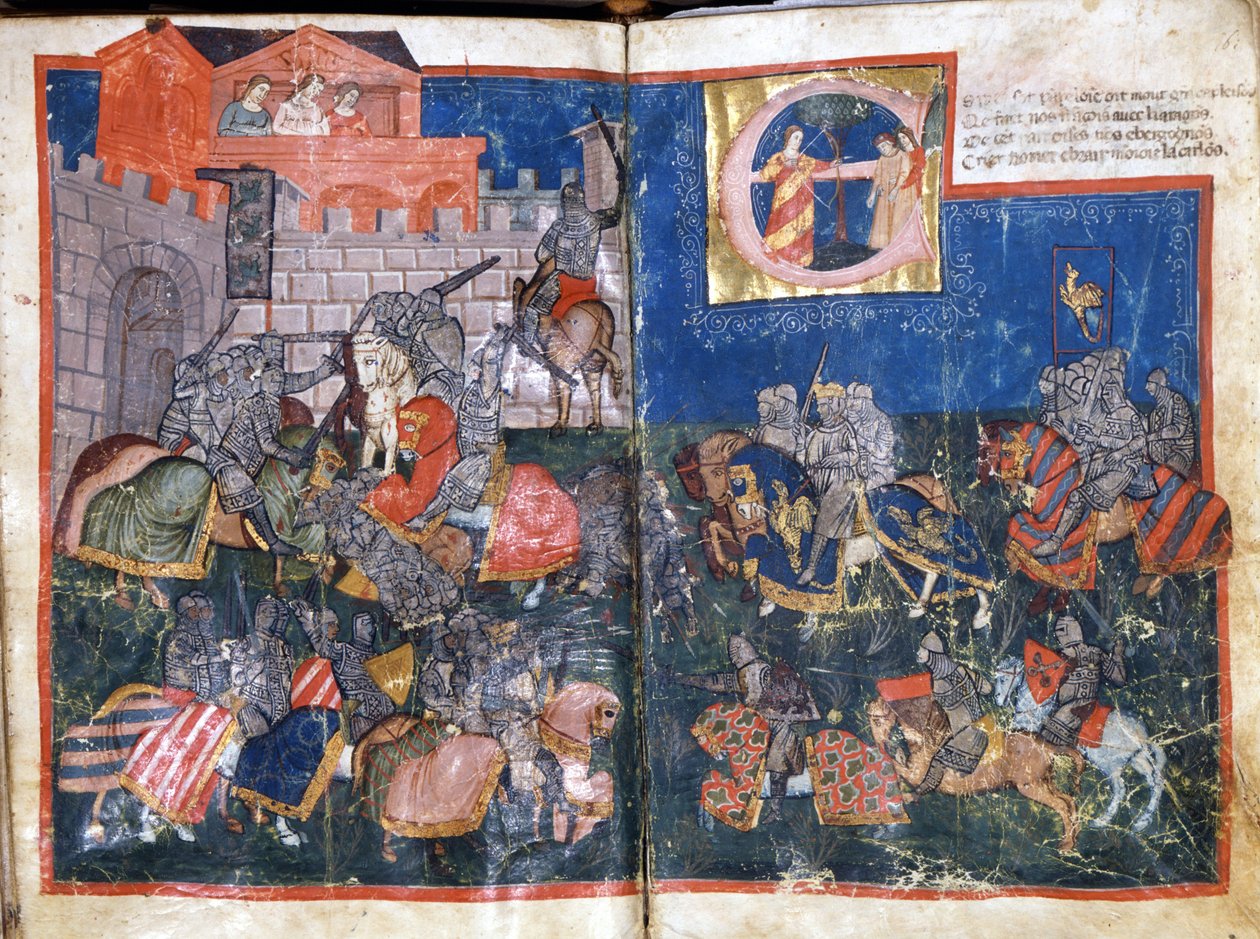 Sitio de Pamplona en España por Carlomagno. Miniatura de "Entrada de España". Siglo XIV, Venecia, Biblioteca Marciana de Unknown artist