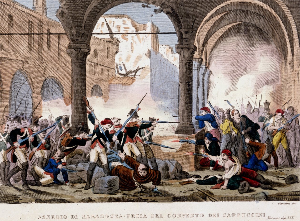 Sitio de Zaragoza y el Convento de los Capuchinos en 1808. Grabado en color de la época. Milán de Unknown artist