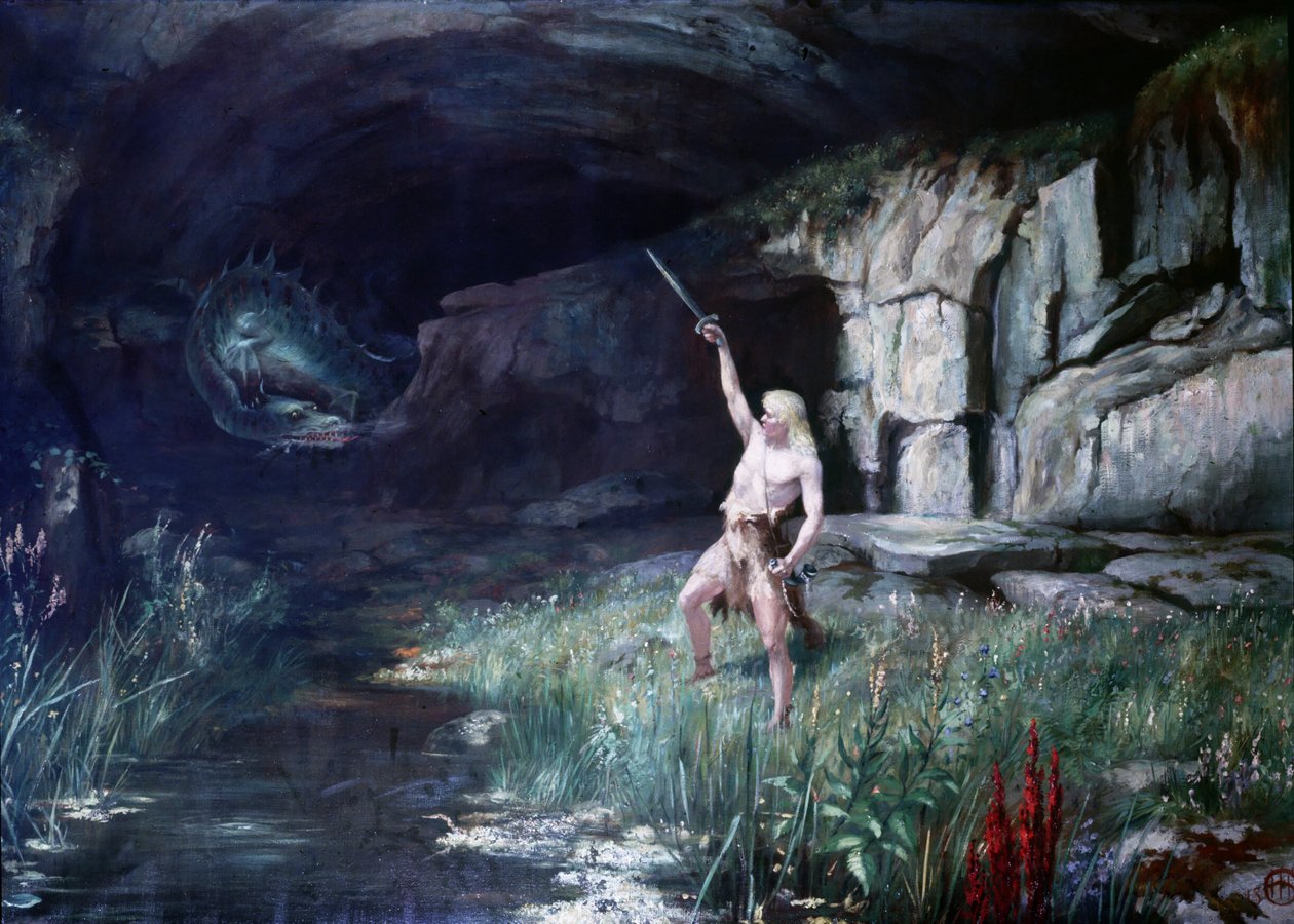 Siegfried, enfrentando al dragón Fafner, blandió su espada. Escena de la ópera 