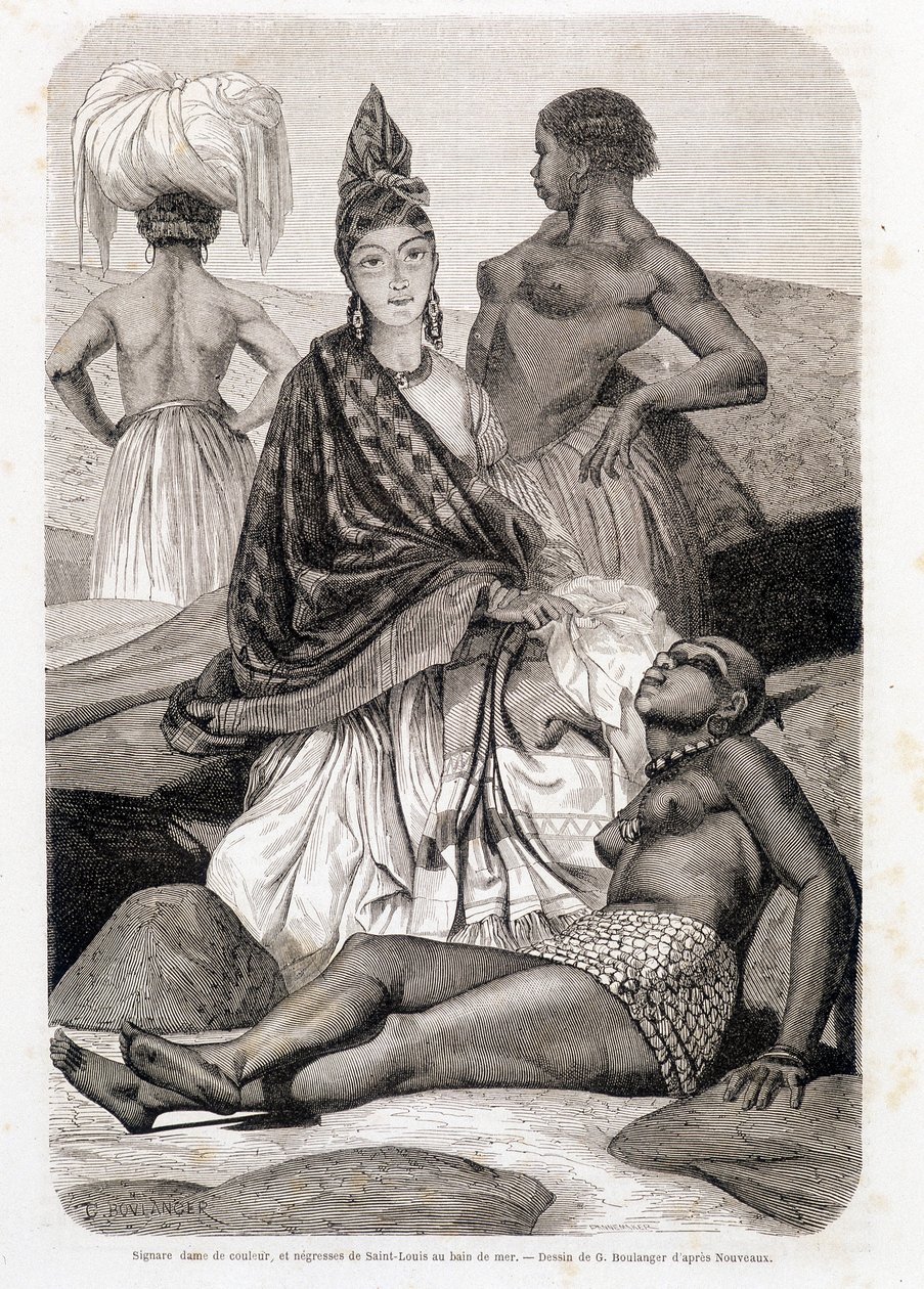 Dama Signare de color y negra de Saint Louis en el baño de mar - en "Le Tour du Monde" de Unknown artist