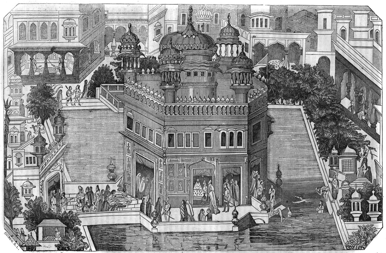 Sijismo: vista del Templo Dorado (Harmandir Sahib), el centro cultural de la religión sij, el estanque y la ciudad de Amritsar en el estado de Punjab indio (Reino de Lahore). En 