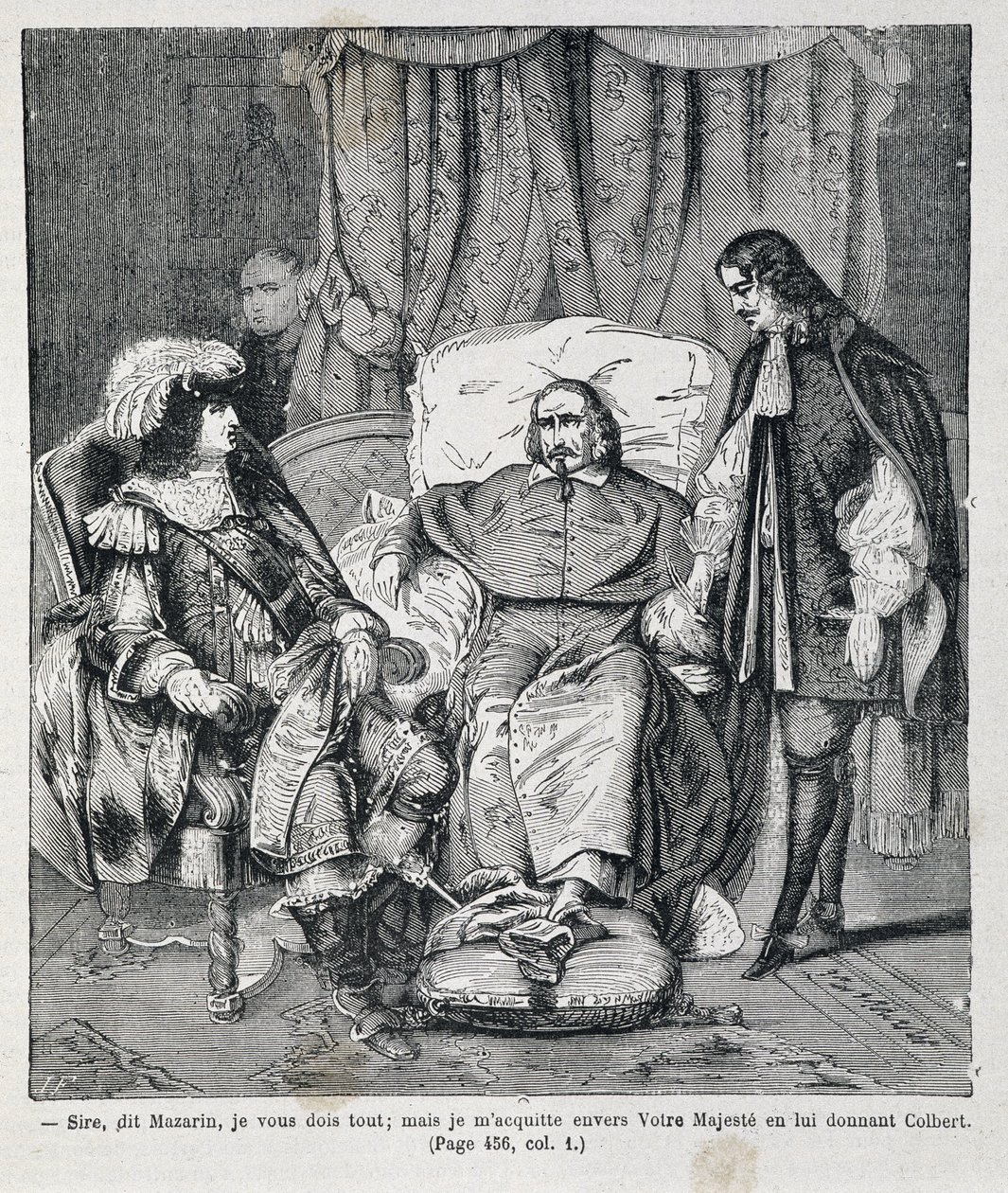 Señor, dijo Mazarino, “Le debo todo: pero pago a Su Majestad dándole a Colbert.” El cardenal Jules Mazarin (Giulio Raimondo Mazzarino o Mazarino) (1602-1661) presenta a Jean Baptiste (Jean-Baptiste) Colbert (1619-1683) a Luis XIV (1638-1715) Ilus de Unknown artist
