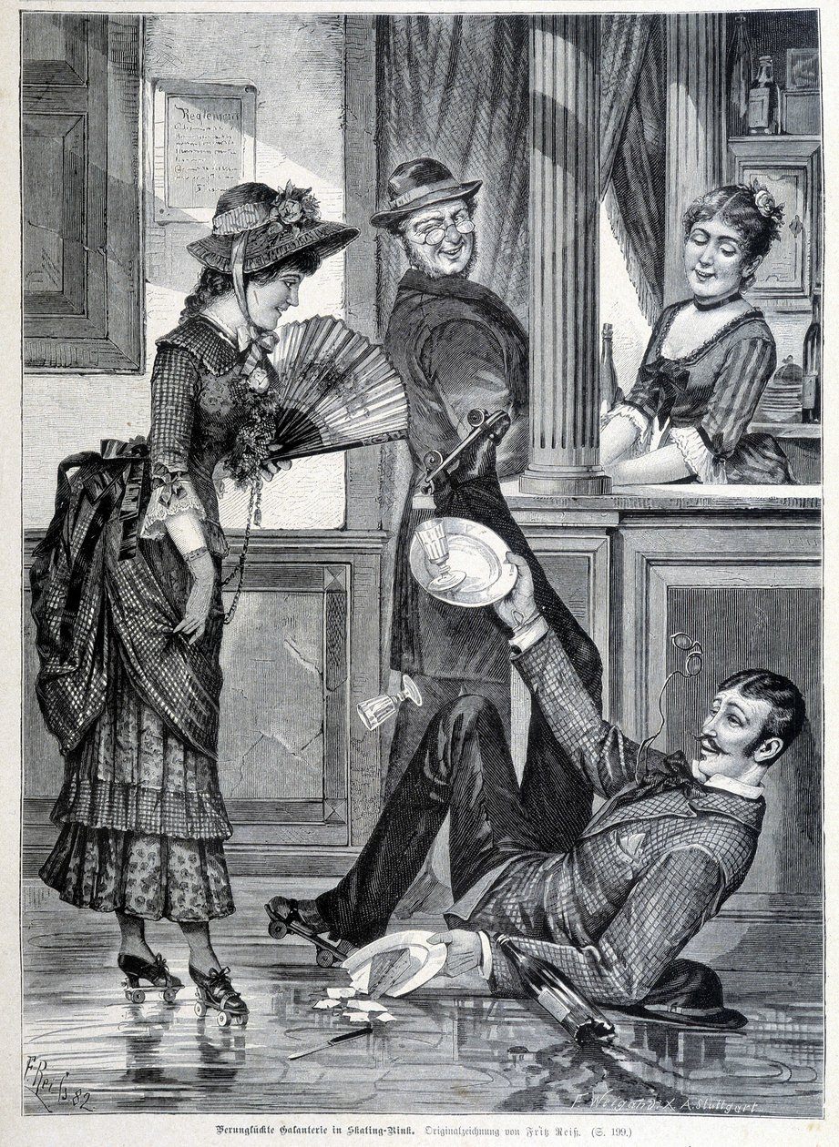 Escena de patinaje en una cervecería. Un niño cae y rompe los platos que llevaba (1883). de Unknown artist