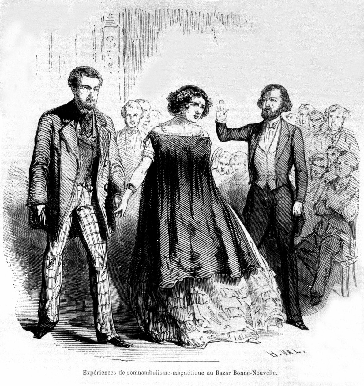 Experiencias de sonambulismo: magnetismo e hipnosis en el Bazaar de la Bonne-Nouvelle, grabado de 1885. de Unknown artist
