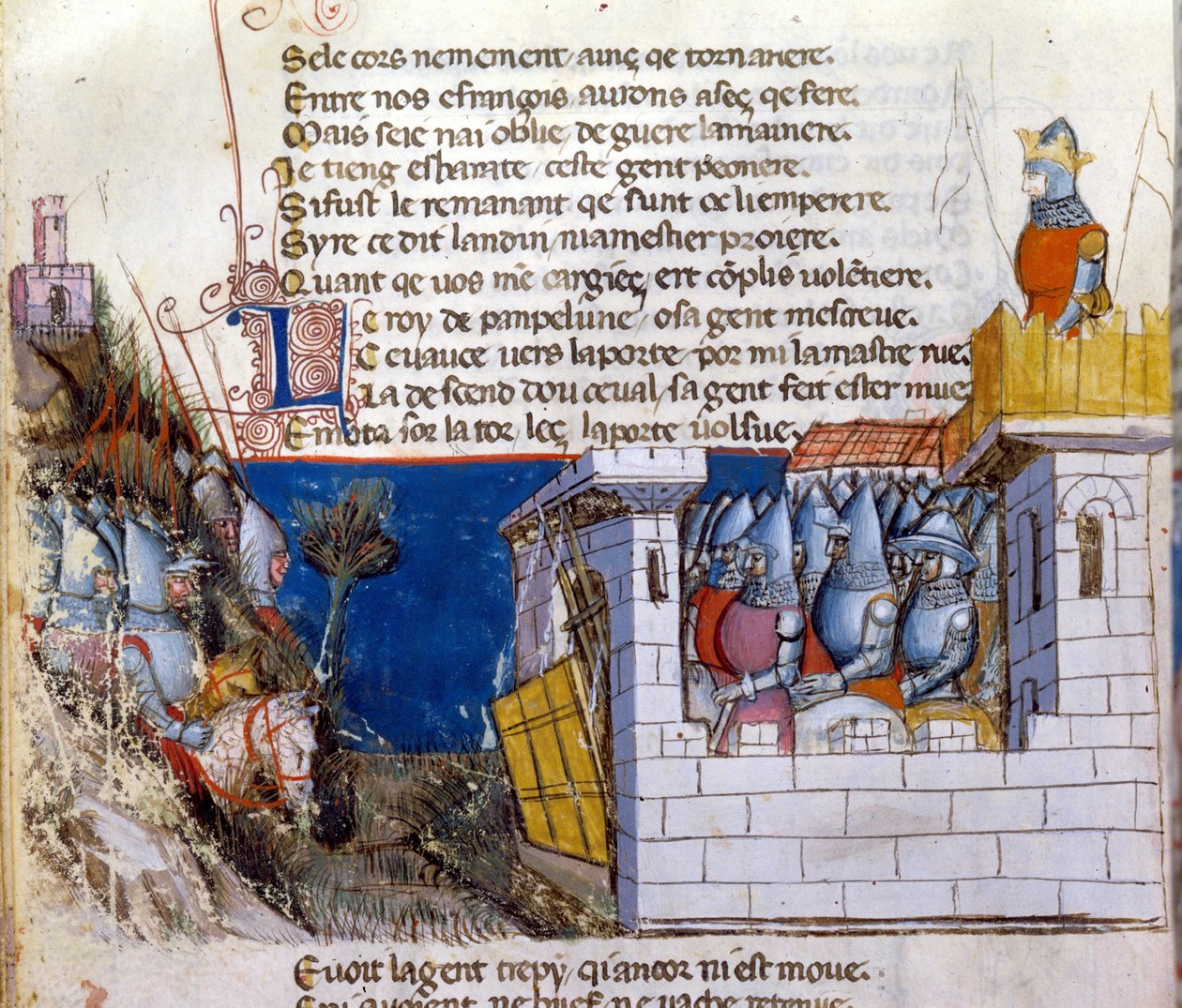 Cantar de gesta: un ejército se prepara para atacar al ejército enemigo refugiado en un castillo y protegido por el puente levadizo. Miniatura del manuscrito franco-italiano 