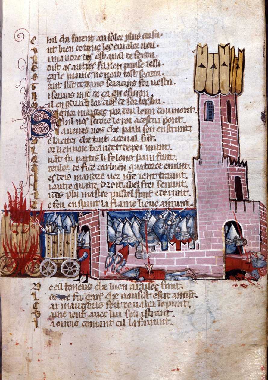 Cantar de gesta: escena de combate cerca de una ciudad fortificada (probablemente la conquista de España por el ejército de Carlomagno). Miniatura del manuscrito franco-italiano 