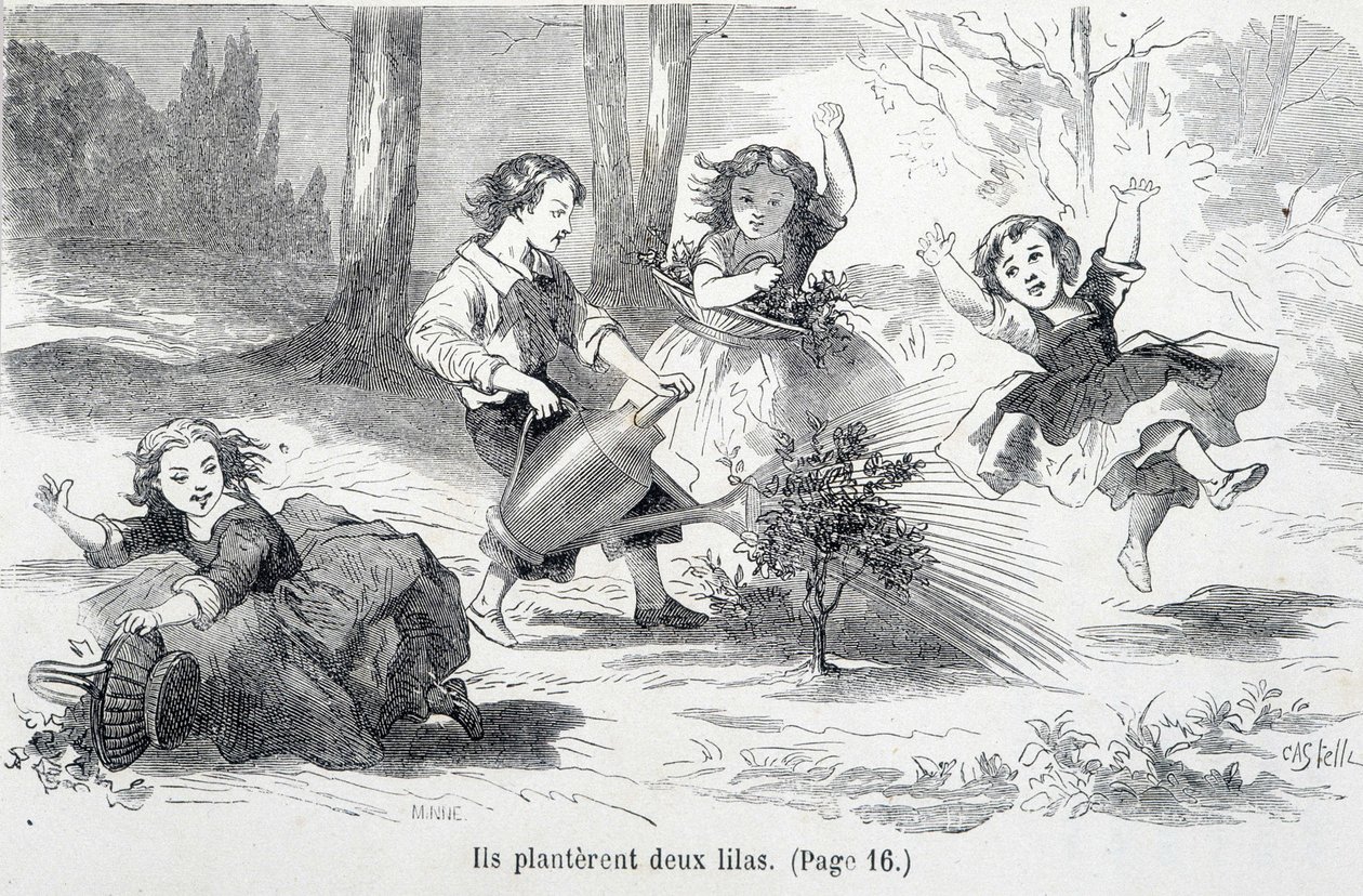 Sophie y sus amigos plantan lilas - en “Las desventuras de Sophie” de la Condesa de Ségur, Hachette de Unknown artist