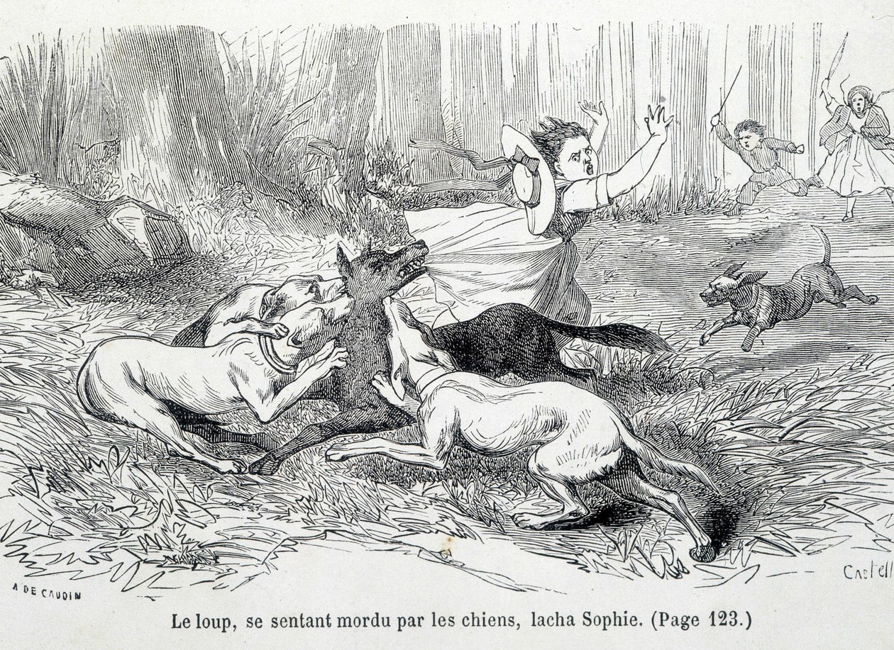 Sophie y el lobo - en "Las desventuras de Sophie" por la Condesa de Ségur, Hachette de Unknown artist