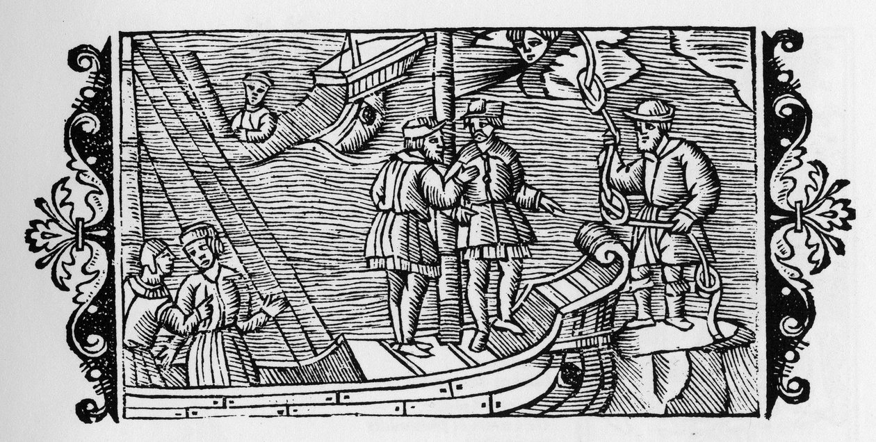 Hechicero vendiendo a los marineros los vientos encerrados en los tres nudos de una cuerda - en Historia de Gentibus Septentrionalibus (Historia de los pueblos del Norte) por Olaus Magnus, Roma 1555 de Unknown artist