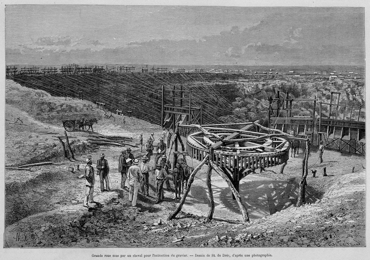 Minas de diamantes de Sudáfrica: molino de grava tirado por caballos - en “Tour du Monde”, 2ª semana 1878. de Unknown artist