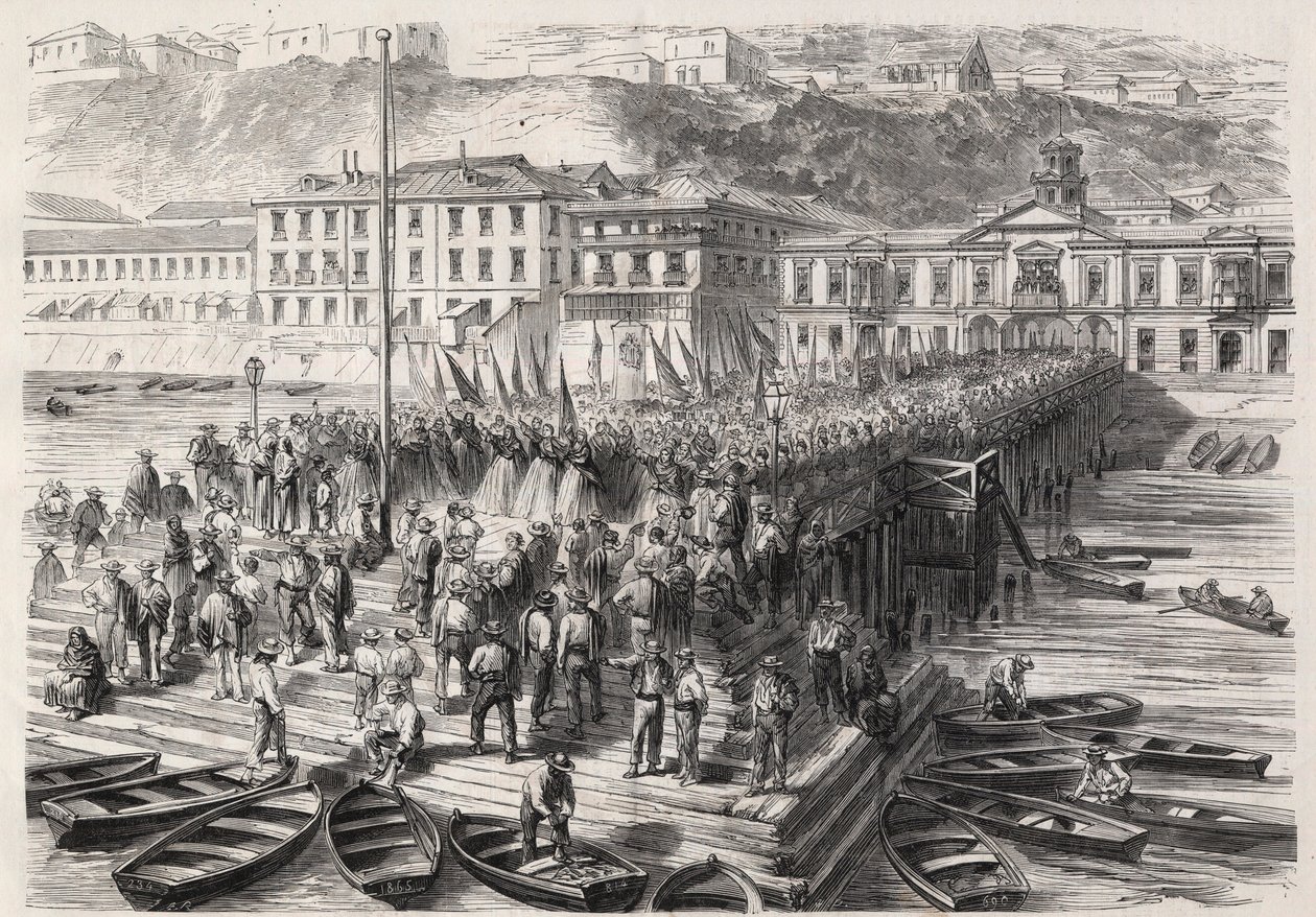 Guerra Hispanoamericana entre Chile y España, septiembre de 1865: las damas de Valparaíso, en presencia de la escuadra española bloqueando el puerto, cantan himnos patrióticos - Grabado en “El Mundo Ilustre” de Unknown artist