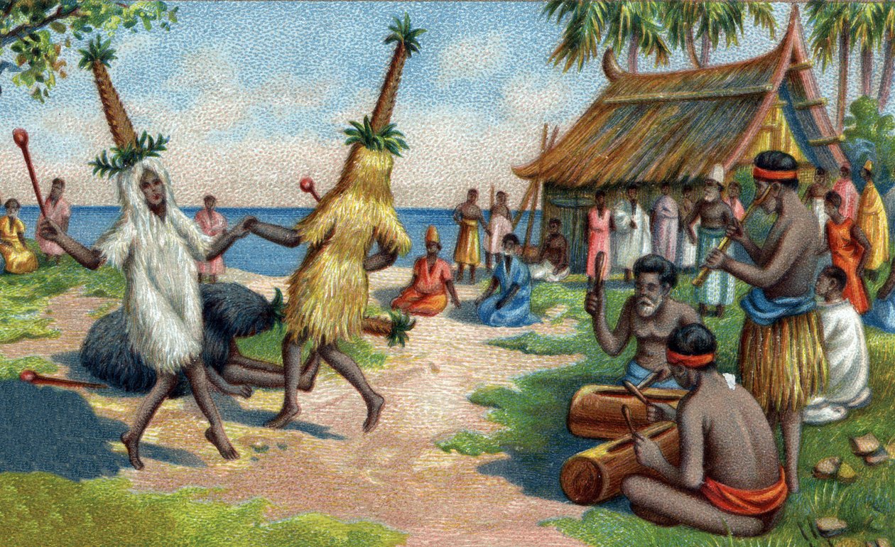 Bailarines de la Isla del Pacífico Sur: llevan ropa hecha de plumas de colibrí, cacatúas y aves del Paraíso en ceremonias religiosas. Cromolitografía del siglo XIX de Unknown artist