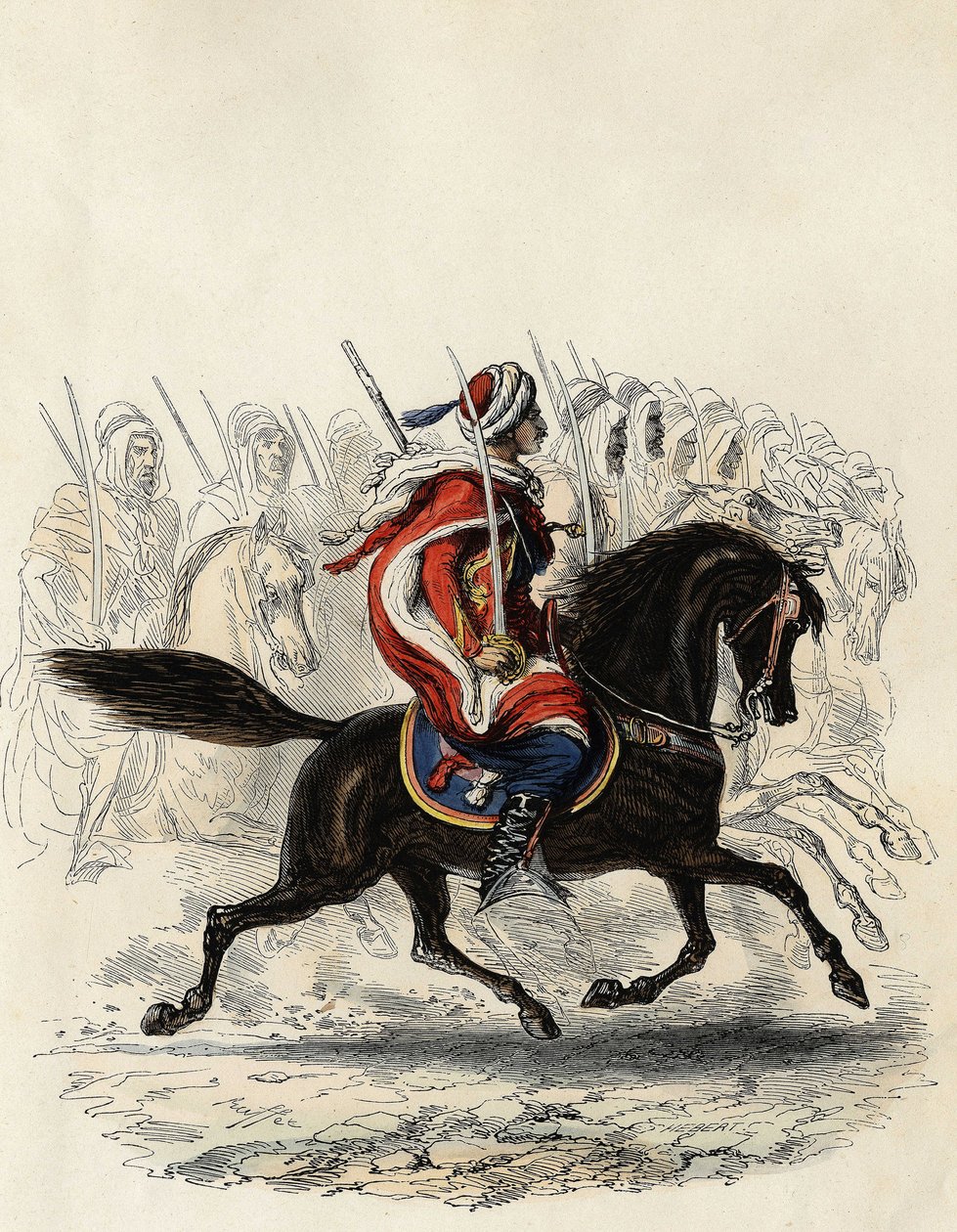 Spahis (cuerpo de caballería india del ejército francés) compuesto principalmente por jinetes árabes entrenados para la provincia de Argel en 1834, de Orán en 1836 y Bone en 1835, en “L