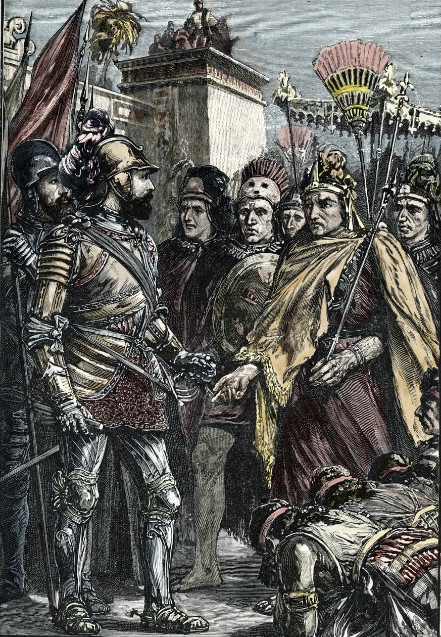 Conquista española de México:encuentro entre Hernán Cortés y Moctezuma II en 1519 de Unknown artist