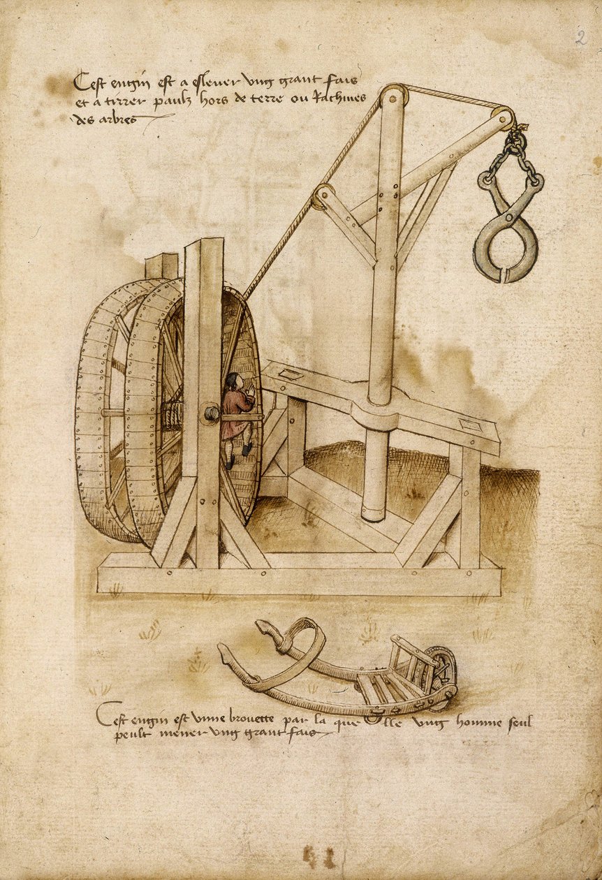 Sistema “Ardilla” con garra para levantar una carga de obra y carretilla - Manuscrito: hoja de pergamino de un manual de ingeniero para la construcción de edificios civiles, religiosos y militares, anónimo, finales del siglo XV (figura en tinta china) de Unknown artist