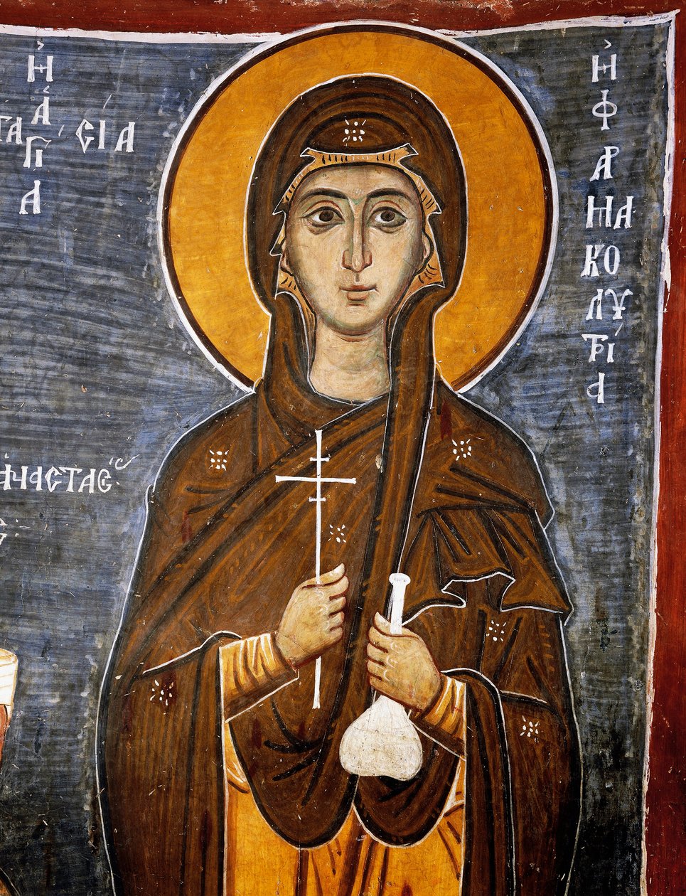 Santa Anastasia, sanadora de caballos con botella de remedios y cruz, iglesia bizantina de Nuestra Señora de Asinou (siglo XII) (Lista del Patrimonio Mundial de la Unesco, 2001), montañas Troodos, Chipre (detalle) de Unknown artist