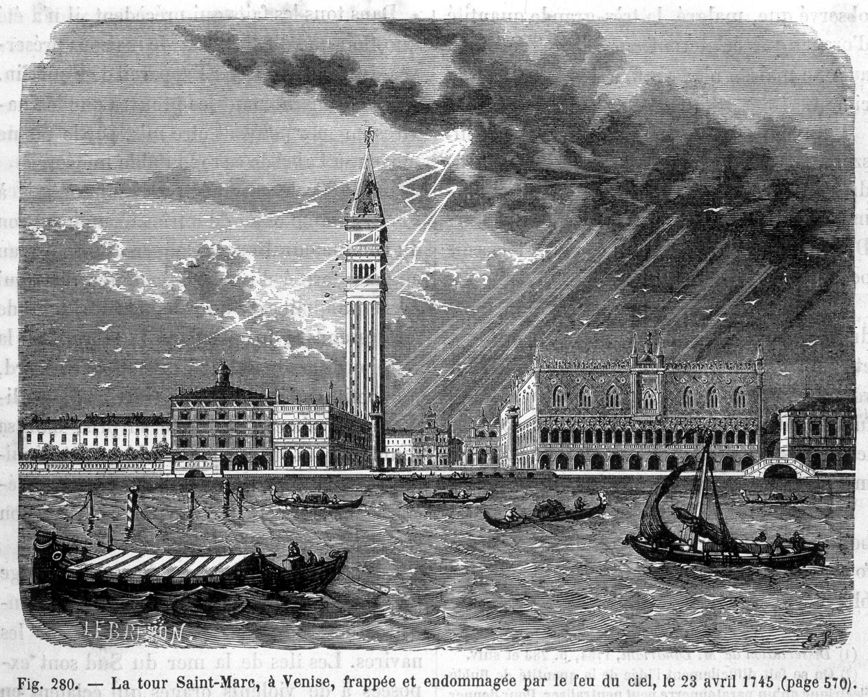 Torre de San Marcos en Venecia golpeada y dañada por el fuego del cielo el 23 de abril de 1745 - en "Las maravillas de la ciencia" por Louis Figuier de Unknown artist