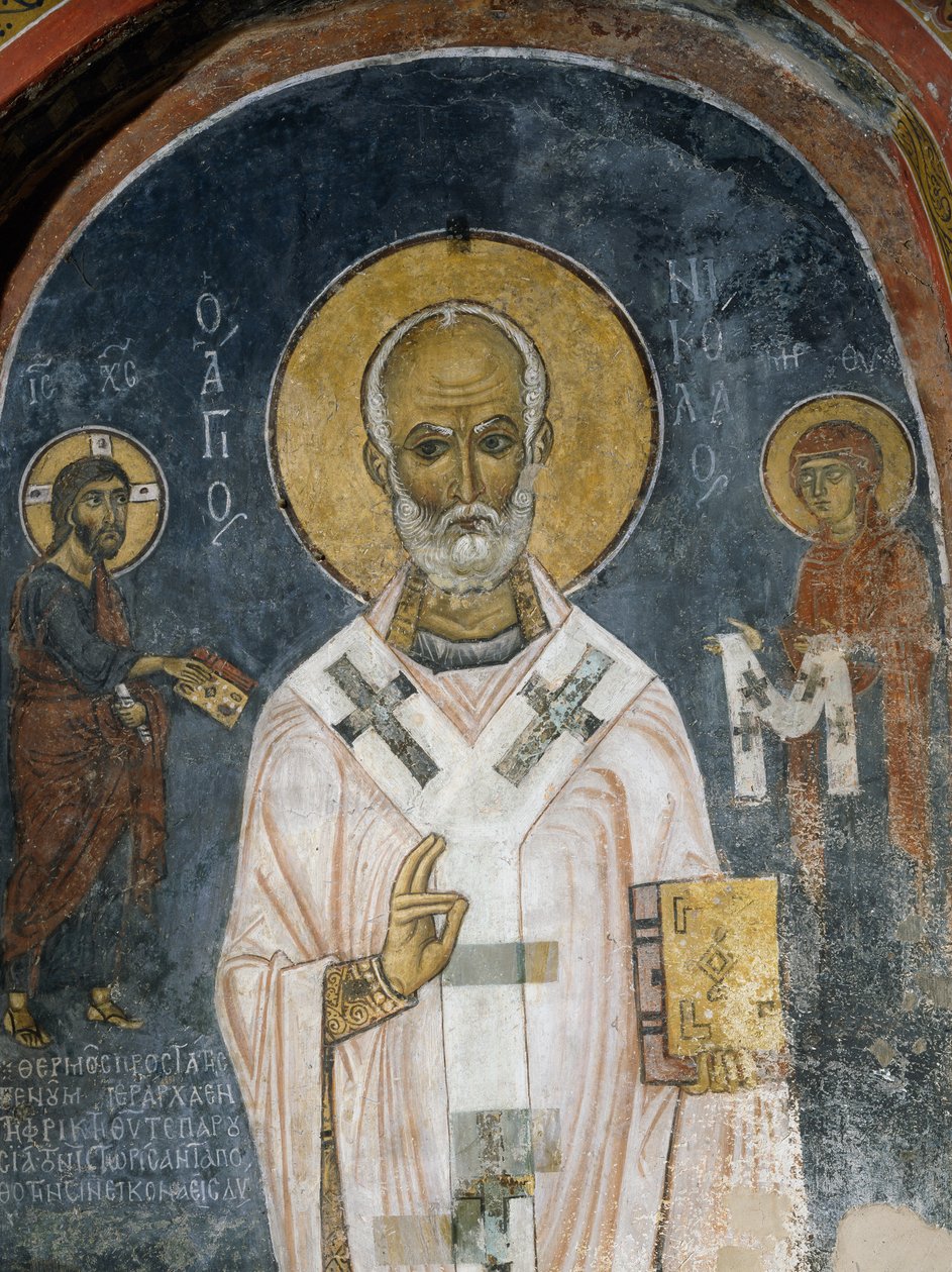 San Nicolás de Myra, fresco (siglo XII), Iglesia de Ayios Nikolaos tis Steyis (San Nicolás del Techo) (siglo XI) (Lista del Patrimonio Mundial de la Unesco, 2001), Montañas Troodos, Chipre de Unknown artist