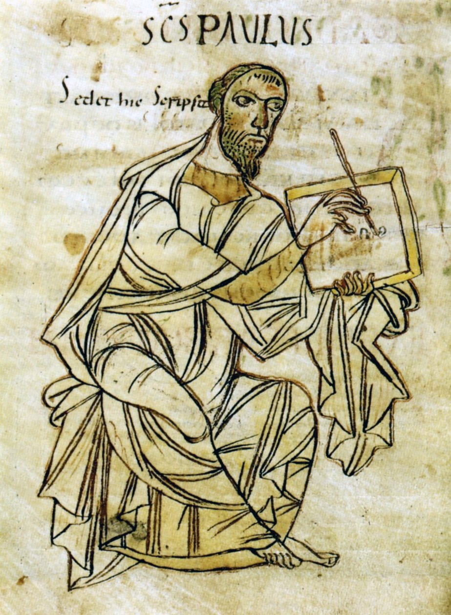 San Pablo escribiendo, de una versión manuscrita de las cartas de San Pablo de principios del siglo IX (vitela) de Unknown artist