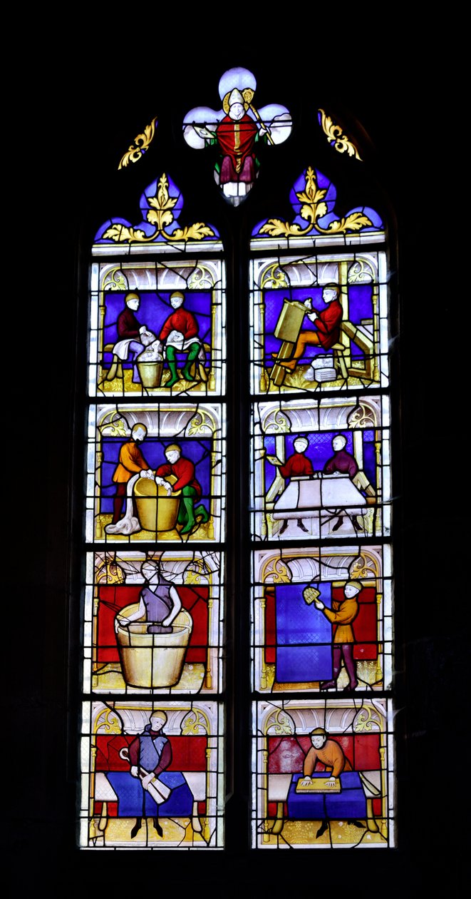 Vidriera mostrando la fabricación de tela, mediados del siglo XV - Capilla de San Blas de la Iglesia Colegial Nuestra Señora de Semur-en-Auxois, Borgoña de Unknown artist