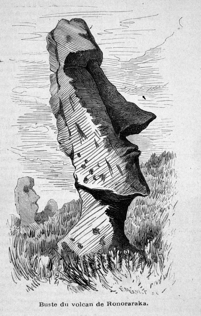 Estatua colocada en la ladera del volcán Ronoraraka en la Isla de Pascua (Rapa Nui). de Unknown artist