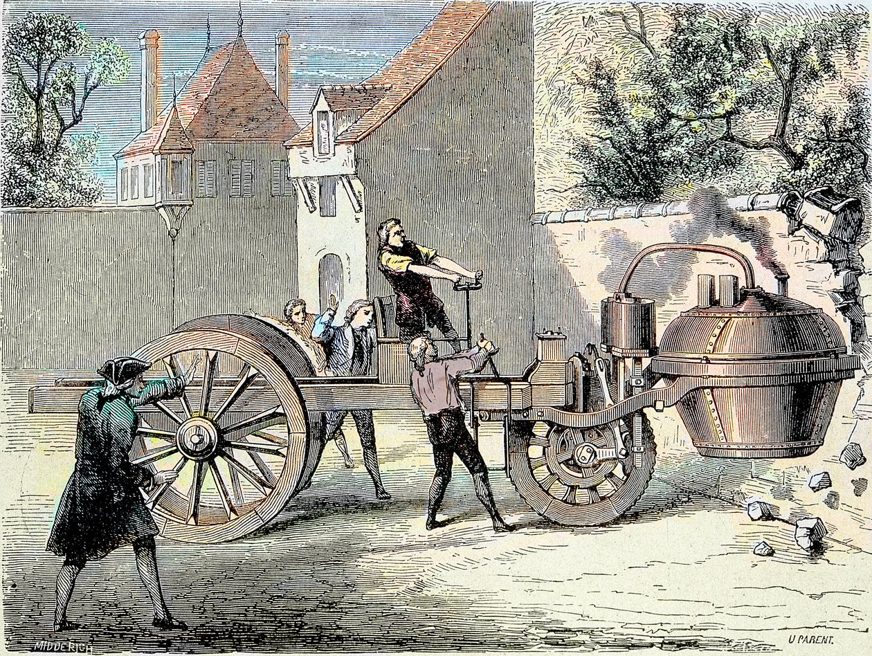 Coche a vapor inventado por Nicolas Joseph Cugnot (1725-1804) fuera de control y derribando parte de un muro en 1770 (primer 