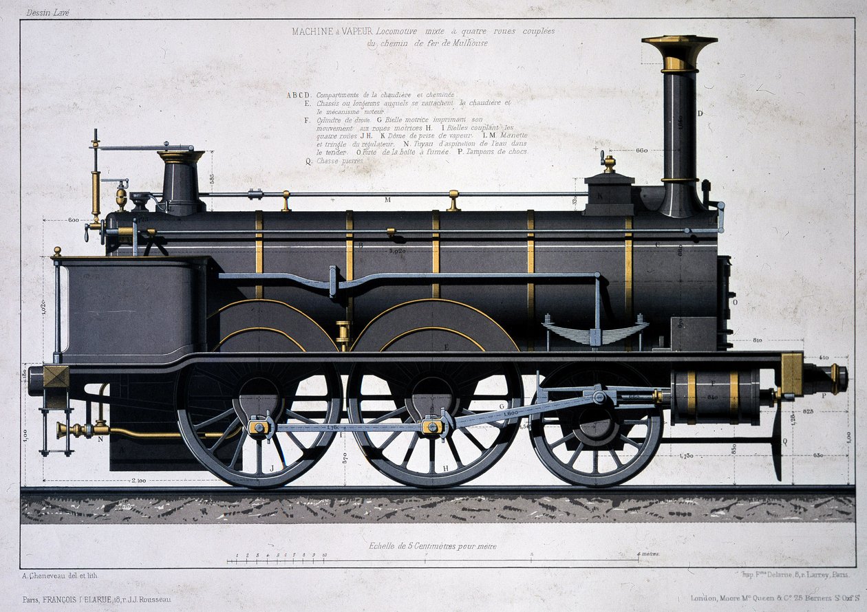 Locomotora de vapor del Ferrocarril de Mulhouse - dibujo en el lavado de Unknown artist