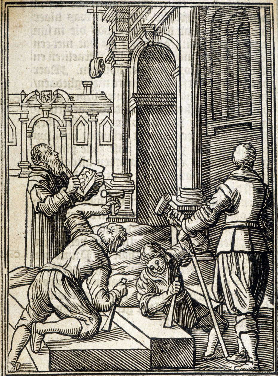 Cortadores de piedra trabajando en la construcción de una catedral - grabado de Unknown artist