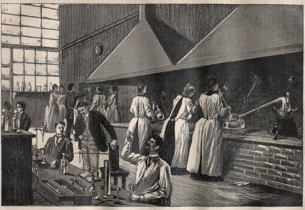 Estudiantes y profesores en el laboratorio práctico del Conservatorio de Artes y Oficios de París de Unknown artist