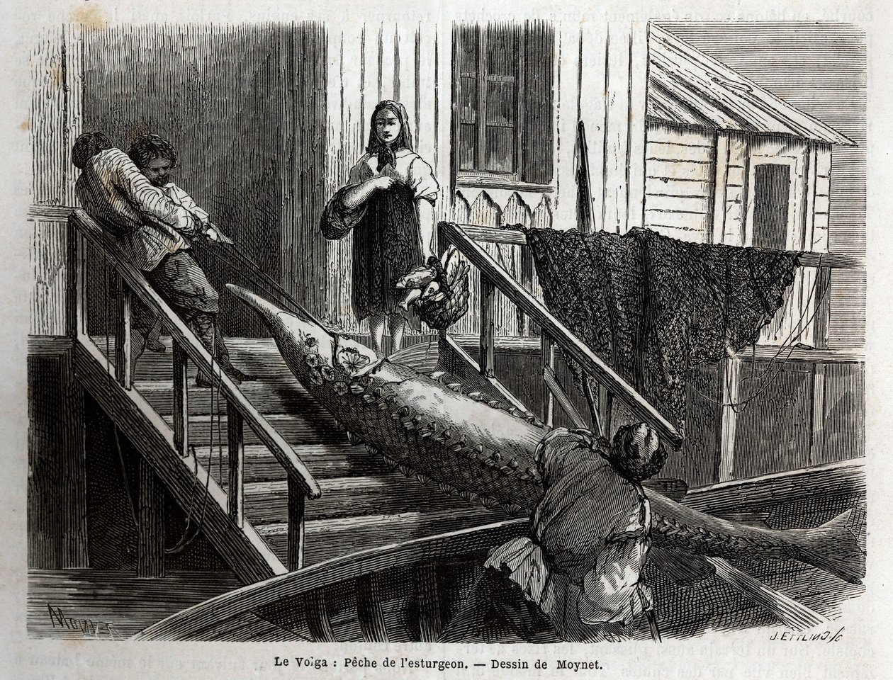 Pesca de esturión en la desembocadura del río Volga. Grabado para ilustrar el viaje por el Volga por M. Moynet, en 1864, en “Le tour du monde, nouveau journal des voyages” publicado bajo la dirección de Edouard Charton de Unknown artist