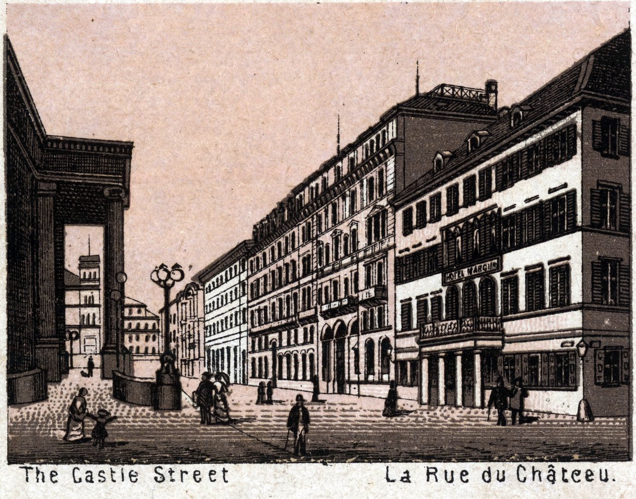 Stuttgart, Alemania: vista de la Calle del Castillo. En "El Mundo Ilustrado 168 vistas". Sin fecha (finales del siglo XIX). de Unknown artist