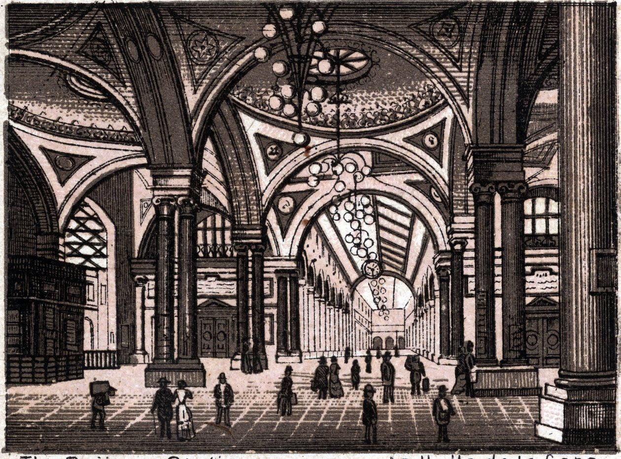 Stuttgart, Alemania: vista del vestíbulo de la estación de tren. en "El mundo ilustra 168 vistas" Sin fecha (finales del siglo XIX) de Unknown artist