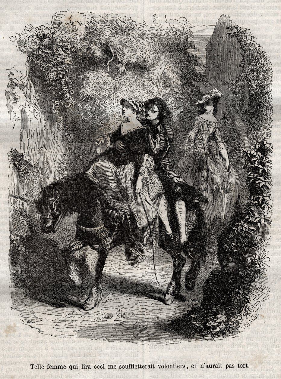 Una mujer que leyera esto me soplaría con gusto, y no estaría equivocada. - Ilustración para las "Confesiones" de Jean-Jacques Rousseau (1712-1778) - grabado de 1849 de Unknown artist