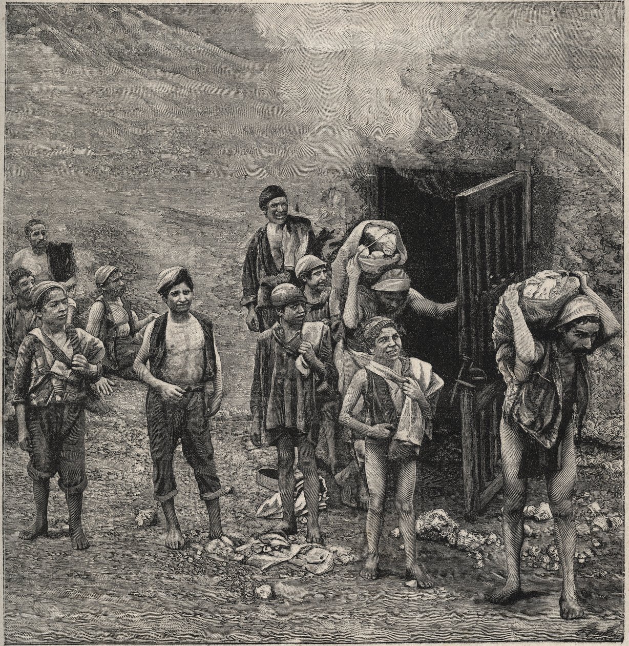 Minería de azufre (Zolfara) en Sicilia, dibujo de Unknown artist