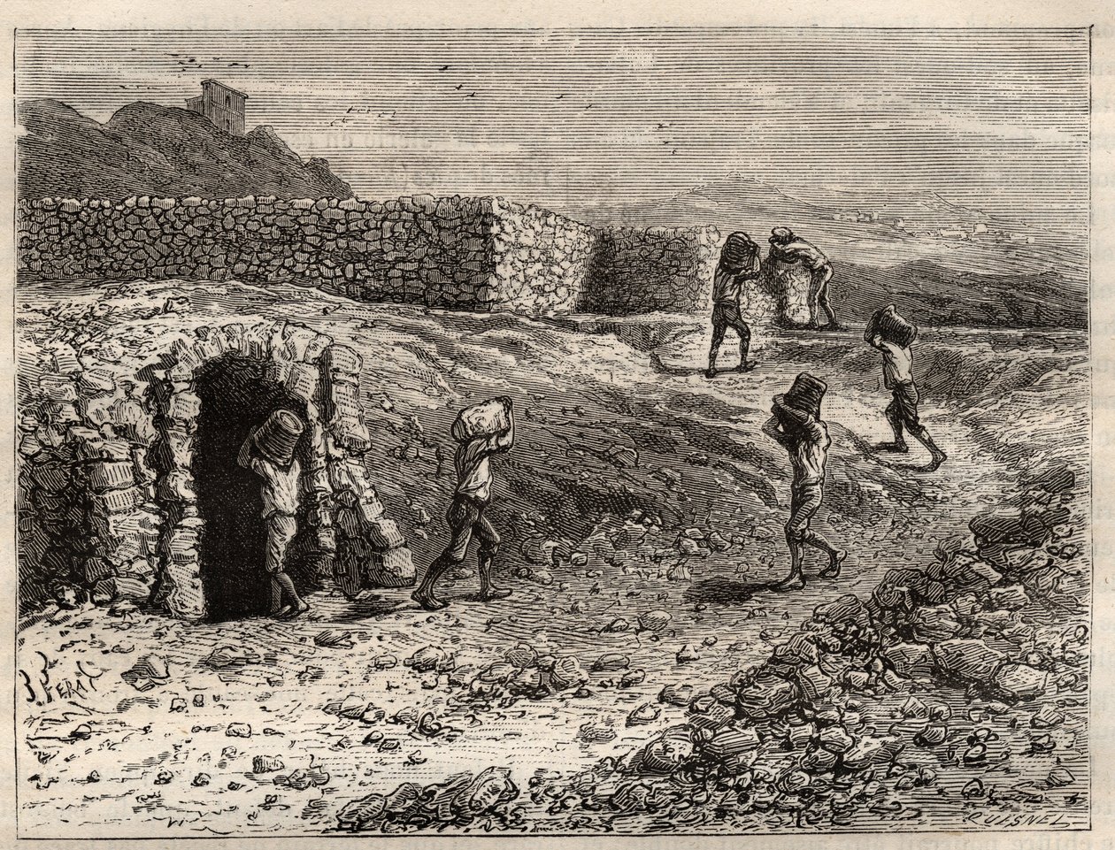 Azufre - Una mina de azufre en Girgenti, Sicilia - grabado en 