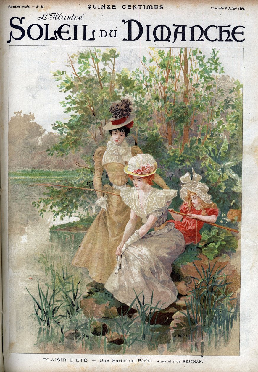Diversión de verano: mujeres jugando a la pesca. Grabado en "Le sun-du-dimanche", 9 de julio de Unknown artist