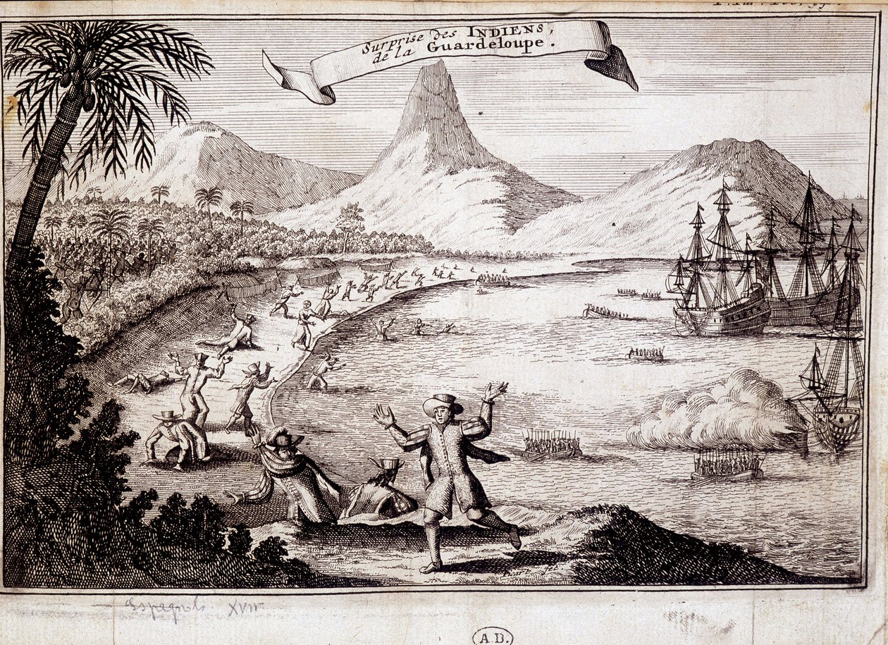 Sorpresa de los indios al desembarco de Cristóbal Colón en Guadalupe (carabelas) - grabado de Unknown artist